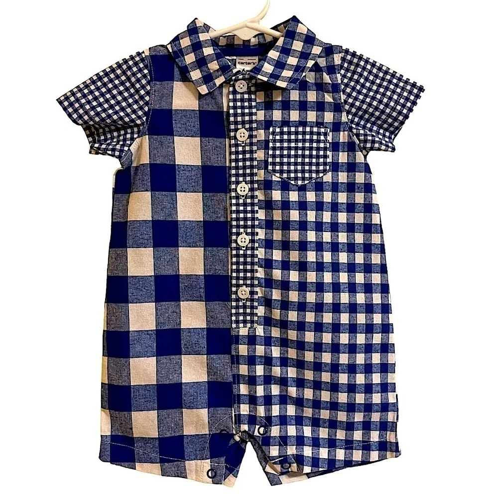 Carter's Blue & White Check Button Front Romper Size 6 Months